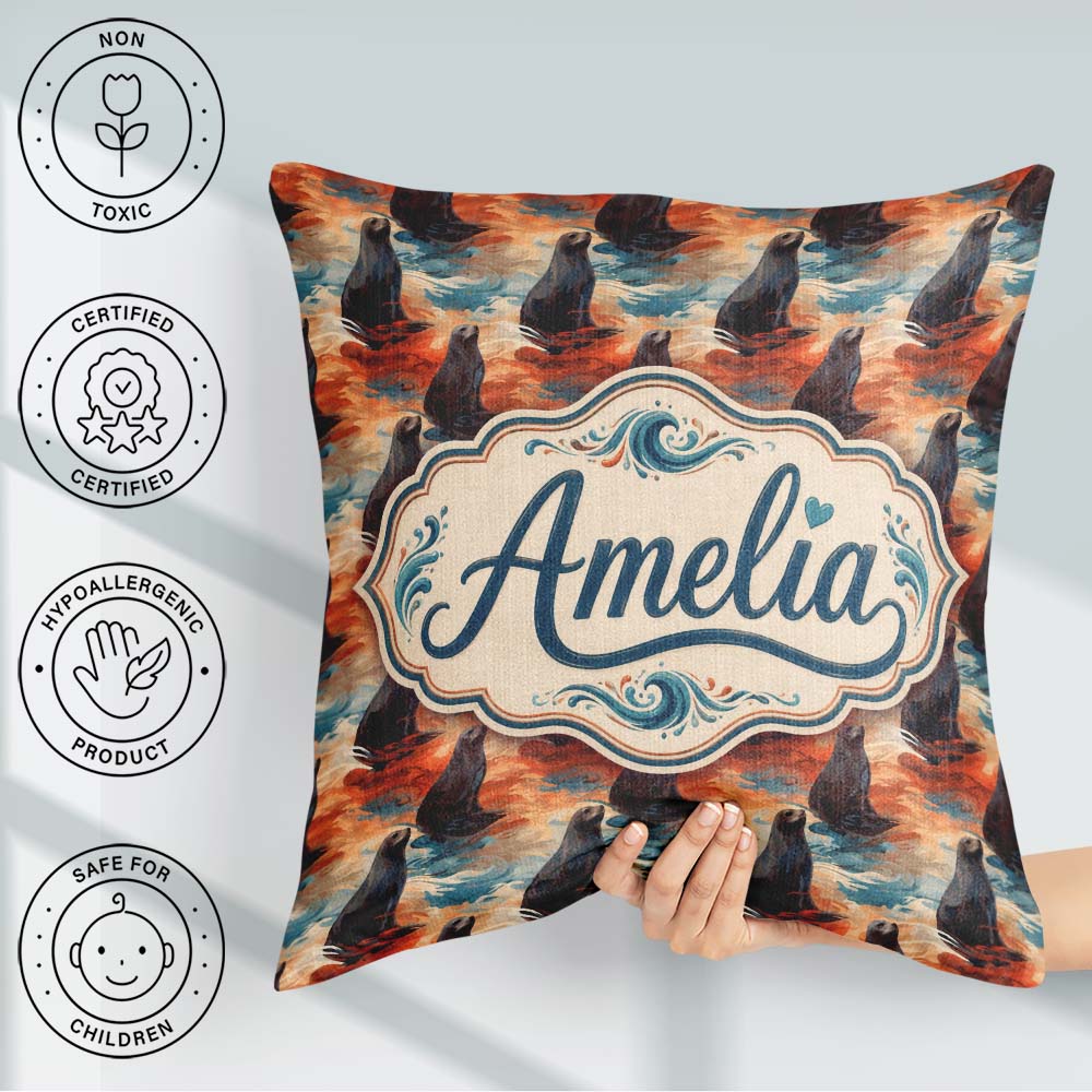 Custom Name Bright Blue Ocean Swimming Artistic Seamless Pattern Square Filled Cushion Throw Pillow Sofa Bed Home Decor Zip Washable UK Made