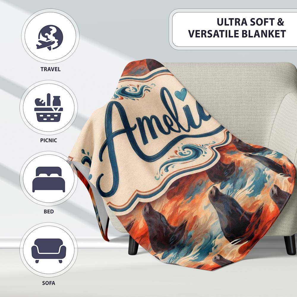 Bright Blue Ocean Seal Swimming Waves Artistic Seamless Pattern Personalised Custom Name Super Soft Fleece Blanket Bed Sofa Throw