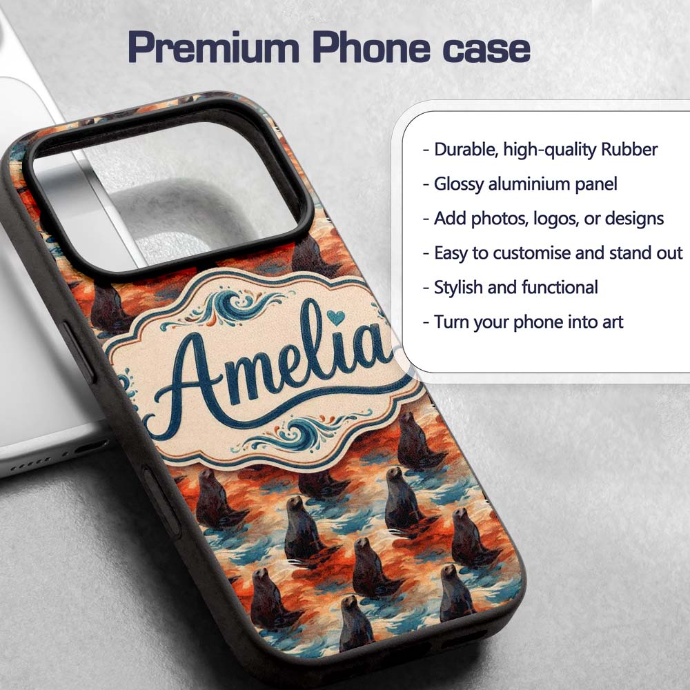 Bright Blue Ocean Seal Swimming Waves Artistic Custom Name Protective Phone Case Mobile Cover Durable Everyday Smartphone Shock Resistant