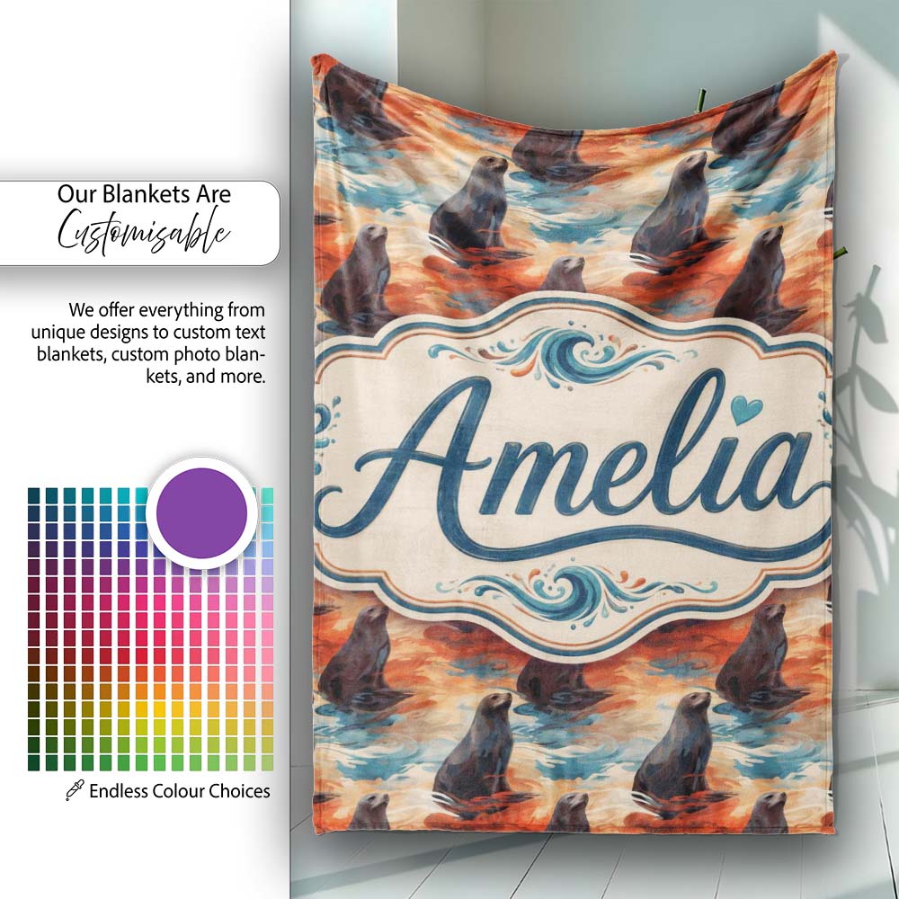Bright Blue Ocean Seal Swimming Waves Artistic Seamless Pattern Personalised Custom Name Super Soft Fleece Blanket Bed Sofa Throw