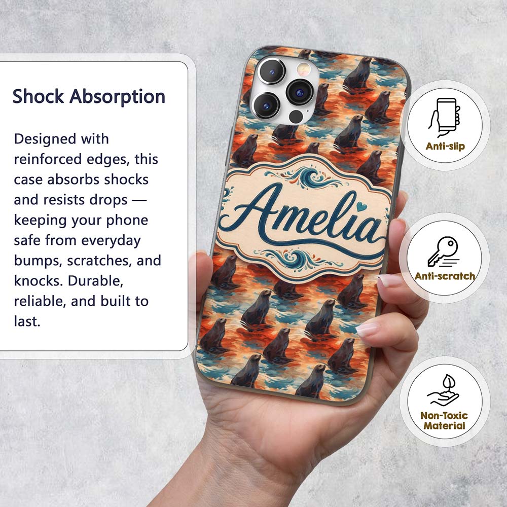 Bright Blue Ocean Seal Swimming Waves Artistic Custom Name Protective Phone Case Mobile Cover Durable Everyday Smartphone Shock Resistant
