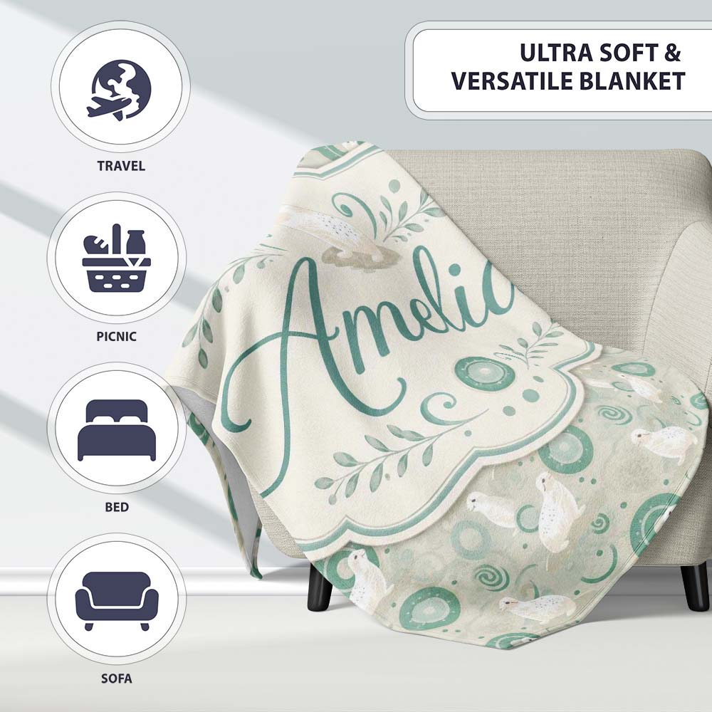 Cute Seal and Coral Watercolour Pastel Ocean Scene Seamless Pattern Personalised Custom Name Super Soft Fleece Blanket Bed Sofa Throw