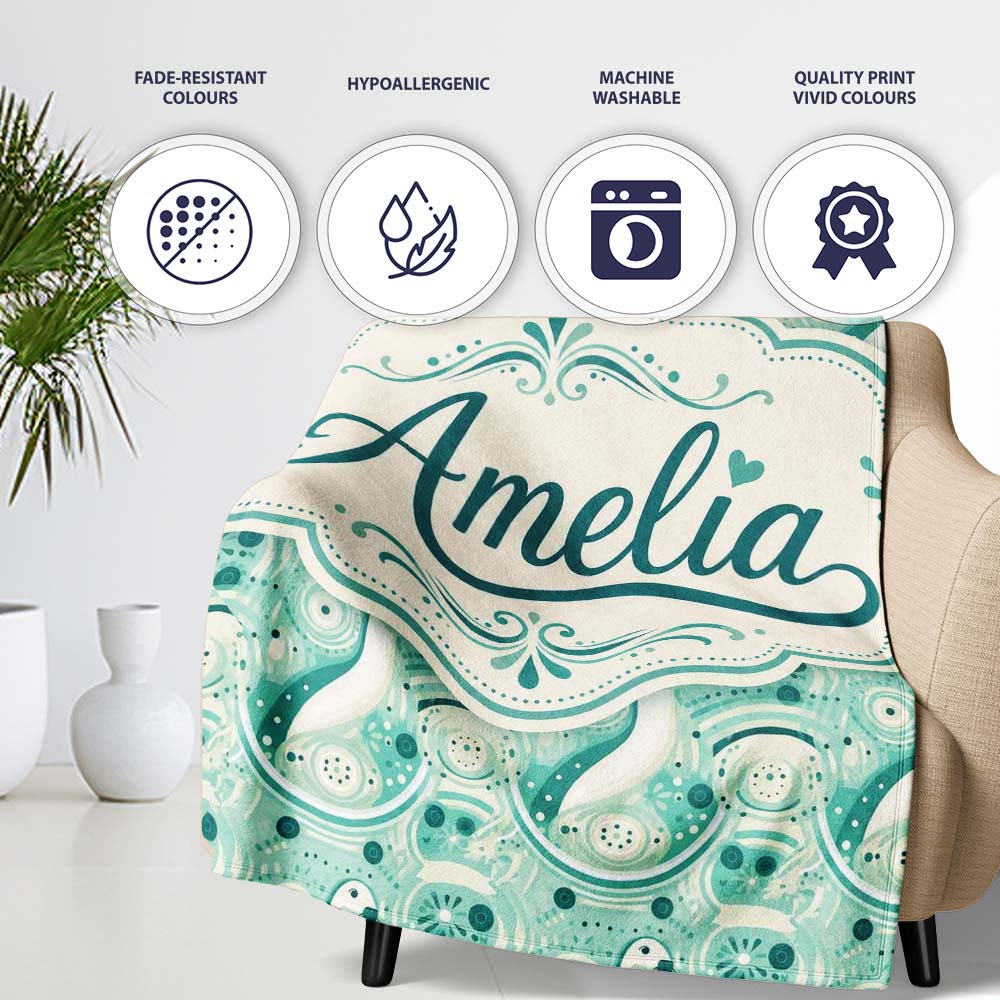 Decorative Stylised Seals with Swirl Ocean Motifs Teal Seamless Personalised Custom Name Super Soft Fleece Blanket Bed Sofa Throw