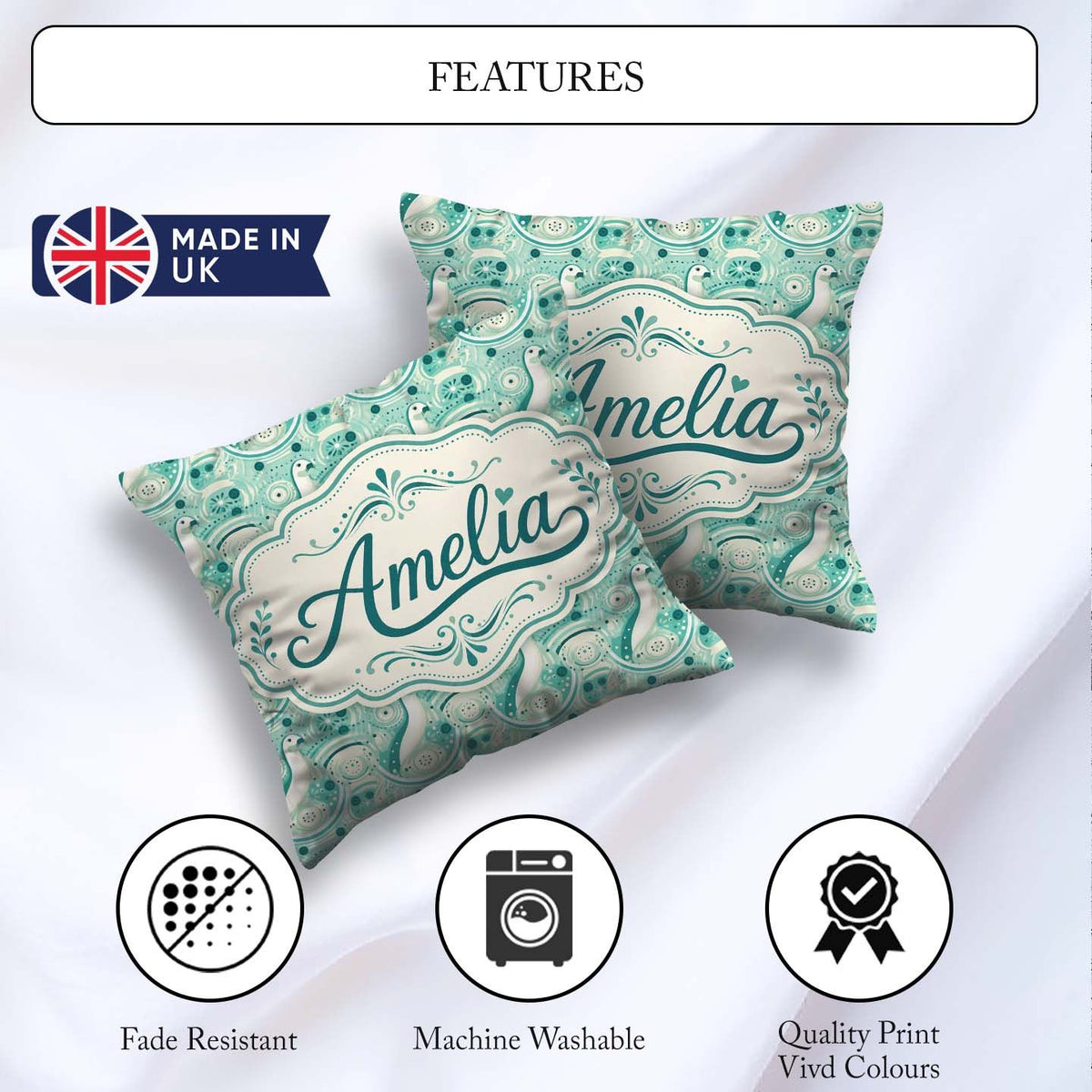 Custom Name Stylised Seals with Swirl Ocean Motifs Teal Seamless Square Filled Cushion Throw Pillow Sofa Bed Home Decor Zip Washable UK Made