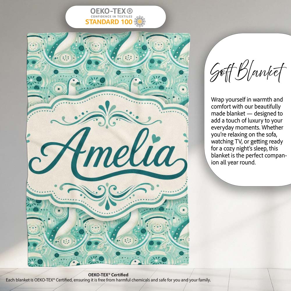 Decorative Stylised Seals with Swirl Ocean Motifs Teal Seamless Personalised Custom Name Super Soft Fleece Blanket Bed Sofa Throw