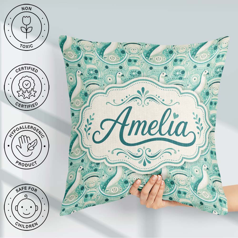 Custom Name Stylised Seals with Swirl Ocean Motifs Teal Seamless Square Filled Cushion Throw Pillow Sofa Bed Home Decor Zip Washable UK Made