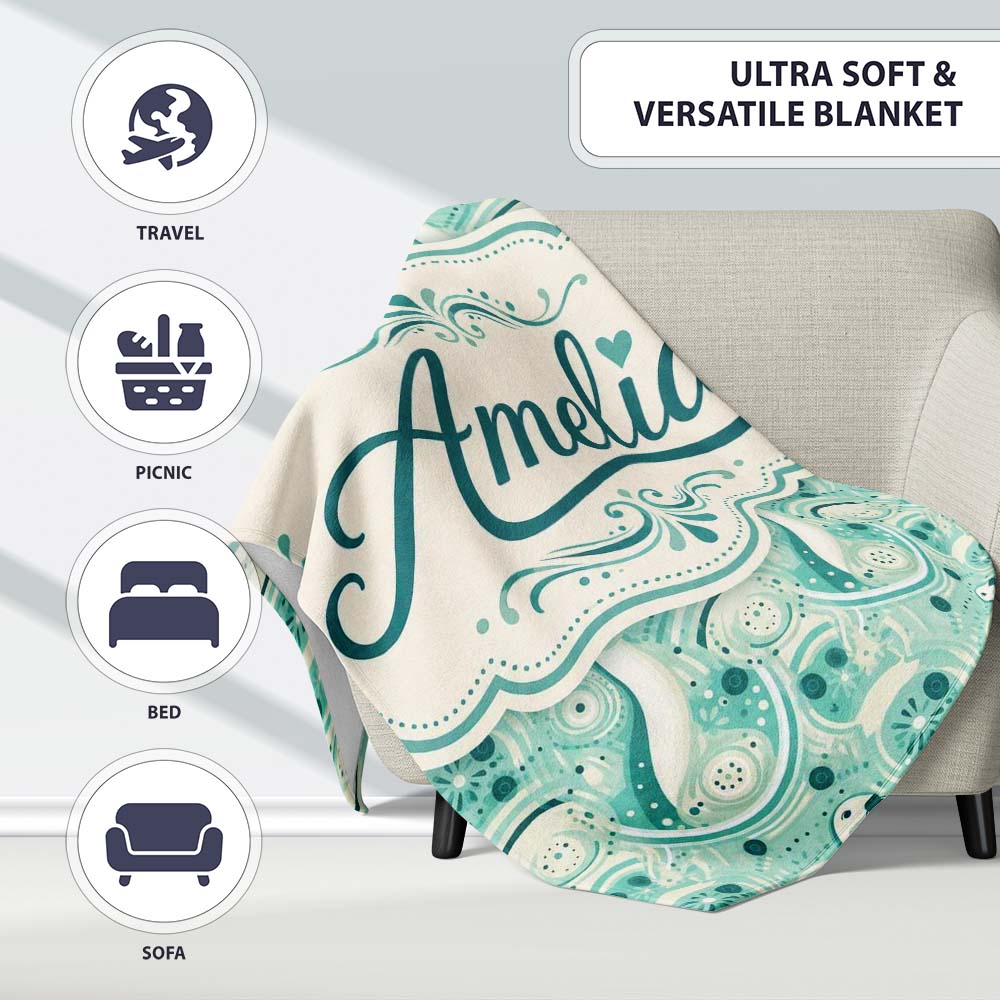 Decorative Stylised Seals with Swirl Ocean Motifs Teal Seamless Personalised Custom Name Super Soft Fleece Blanket Bed Sofa Throw