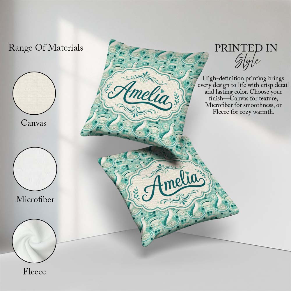 Custom Name Stylised Seals with Swirl Ocean Motifs Teal Seamless Square Filled Cushion Throw Pillow Sofa Bed Home Decor Zip Washable UK Made