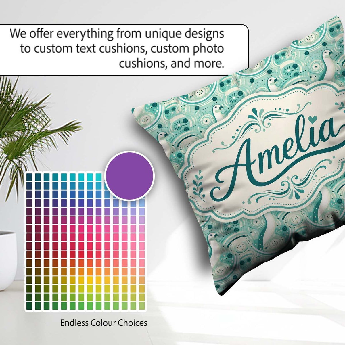 Custom Name Stylised Seals with Swirl Ocean Motifs Teal Seamless Square Filled Cushion Throw Pillow Sofa Bed Home Decor Zip Washable UK Made