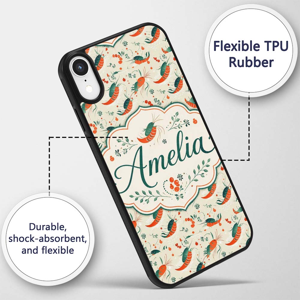 Cute Shrimp with Green Botanical Printed Design Custom Name Protective Phone Case Mobile Cover Durable Everyday Smartphone Shock Resistant