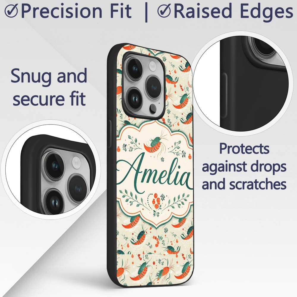 Cute Shrimp with Green Botanical Printed Design Custom Name Protective Phone Case Mobile Cover Durable Everyday Smartphone Shock Resistant