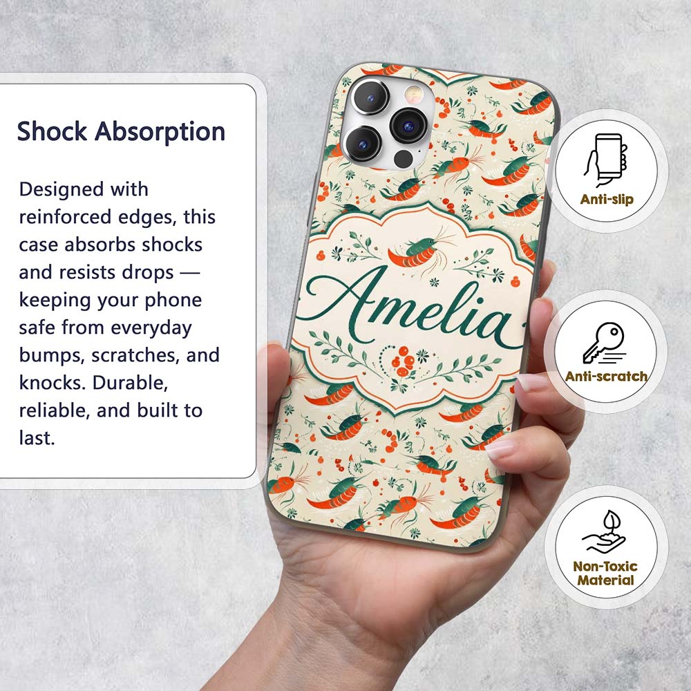 Cute Shrimp with Green Botanical Printed Design Custom Name Protective Phone Case Mobile Cover Durable Everyday Smartphone Shock Resistant