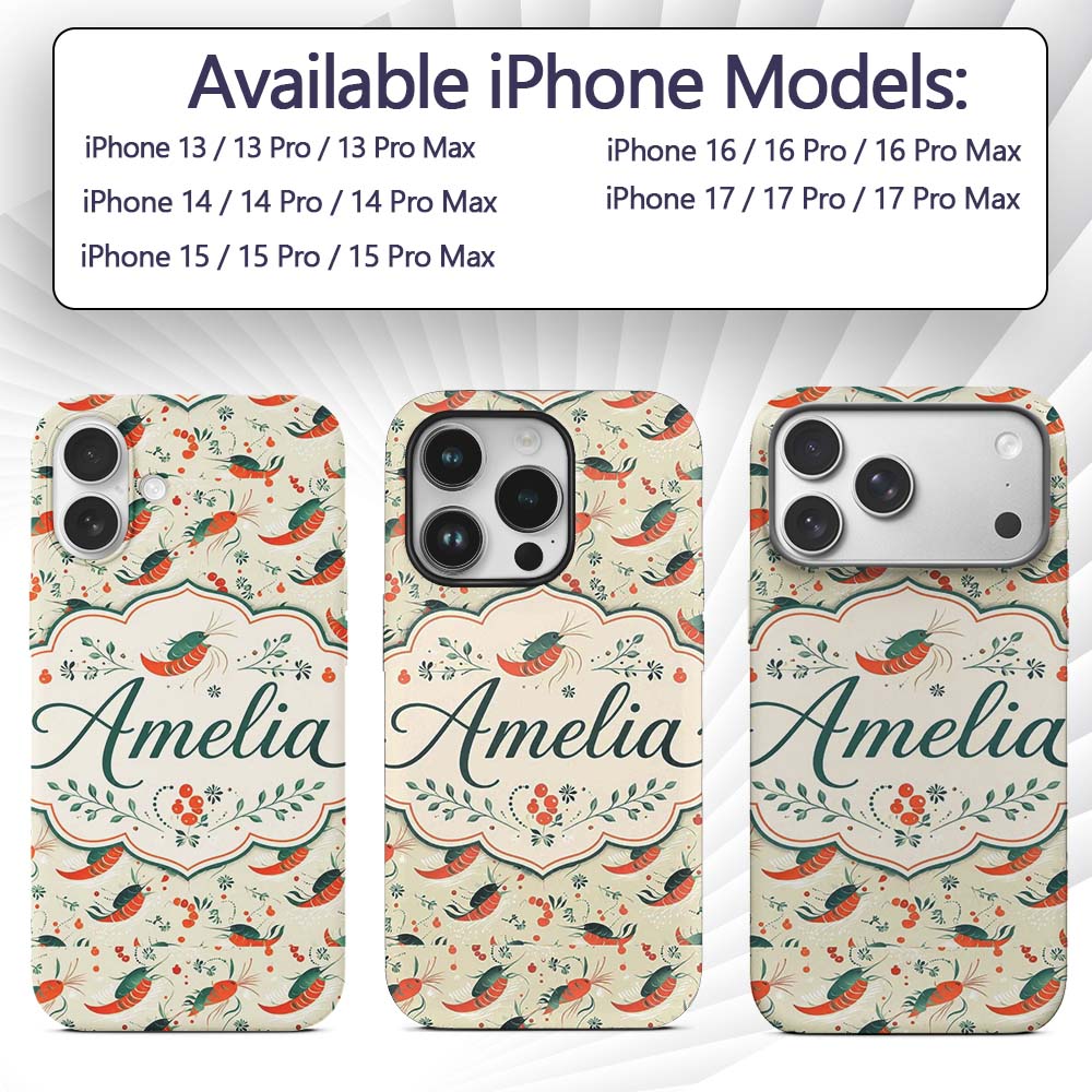 Cute Shrimp with Green Botanical Printed Design Custom Name Protective Phone Case Mobile Cover Durable Everyday Smartphone Shock Resistant
