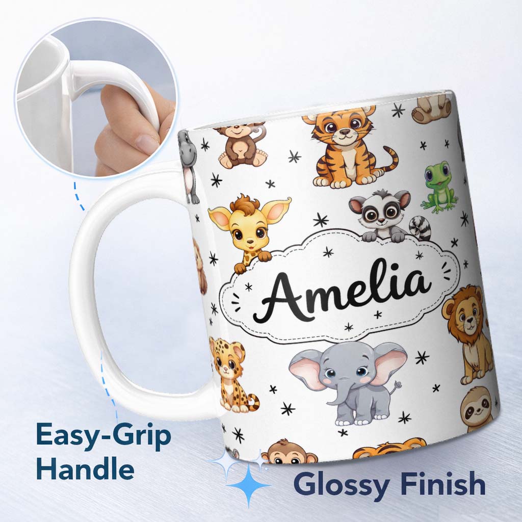 Personalized Custom Name Cute Jungle Baby Animals Lion Tiger Elephant Giraffe Pattern Grey 11oz Ceramic Coffee Tea Mug White Large Handle