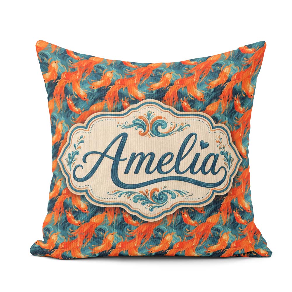 Custom Name Cute Orange Shrimp with Flowing Ocean Waves Seamless Square Filled Cushion Throw Pillow Sofa Bed Home Decor Zip Washable UK Made