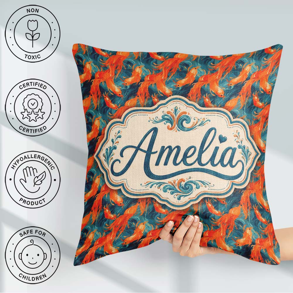 Custom Name Cute Orange Shrimp with Flowing Ocean Waves Seamless Square Filled Cushion Throw Pillow Sofa Bed Home Decor Zip Washable UK Made