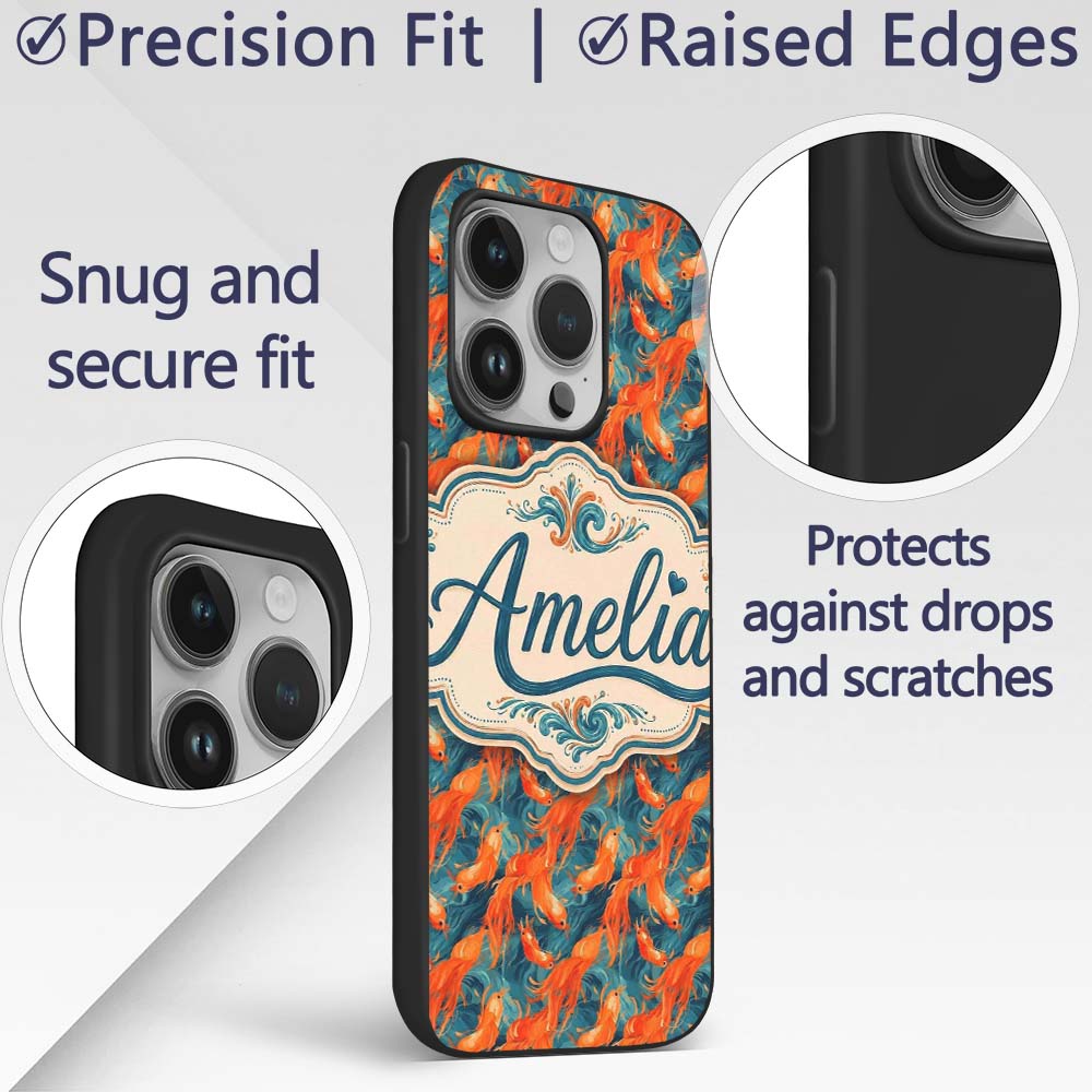Cute Painterly Orange Shrimp with Flowing Ocean Custom Name Protective Phone Case Mobile Cover Durable Everyday Smartphone Shock Resistant