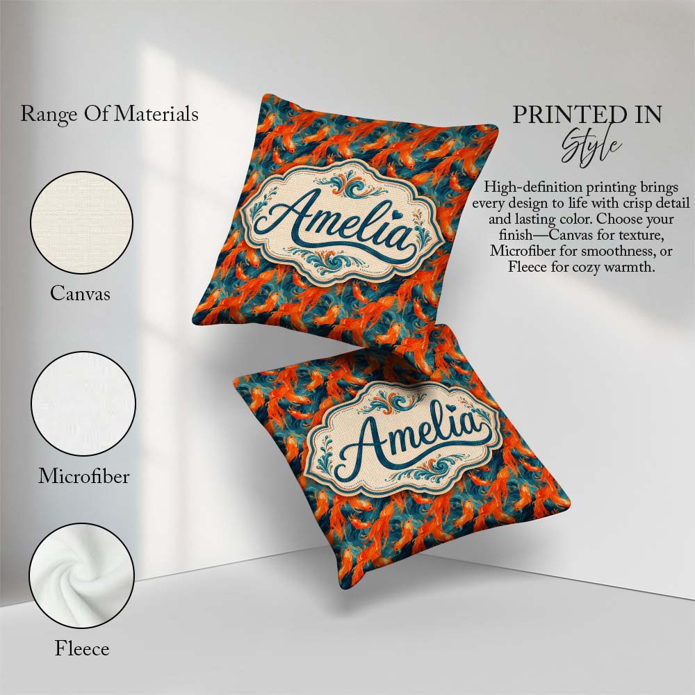 Custom Name Cute Orange Shrimp with Flowing Ocean Waves Seamless Square Filled Cushion Throw Pillow Sofa Bed Home Decor Zip Washable UK Made