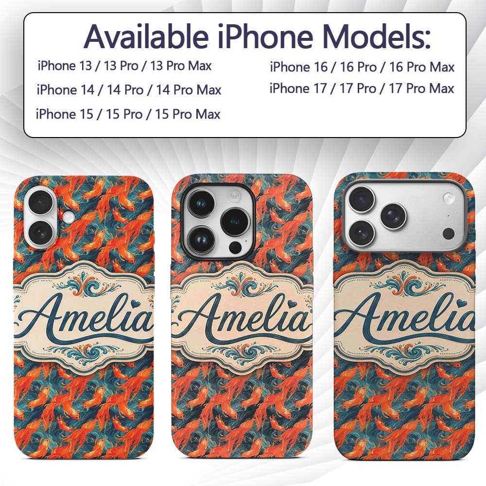 Cute Painterly Orange Shrimp with Flowing Ocean Custom Name Protective Phone Case Mobile Cover Durable Everyday Smartphone Shock Resistant