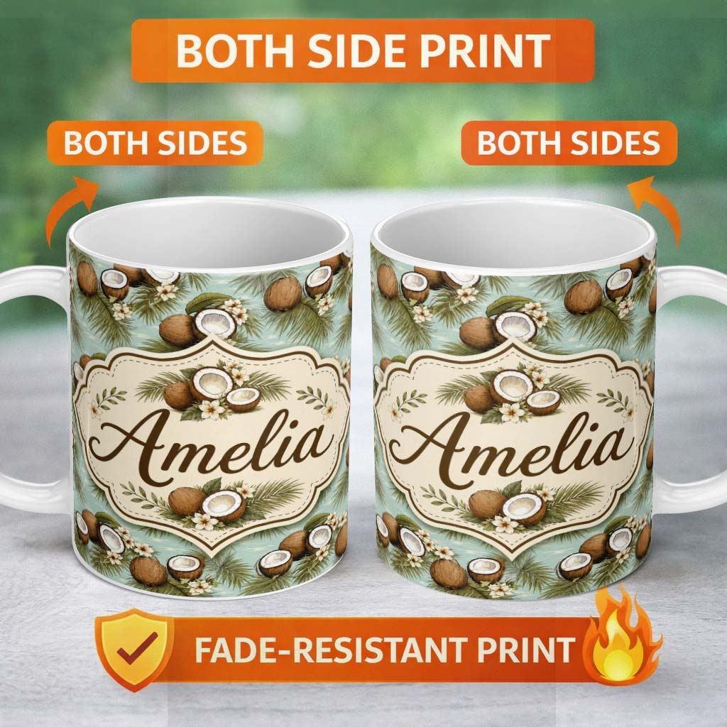 Personalized Custom Name Tropical Coconuts Palm Leaves and White Flowers on Soft Blue Beach 11oz Ceramic Coffee Tea Mug White Large Handle