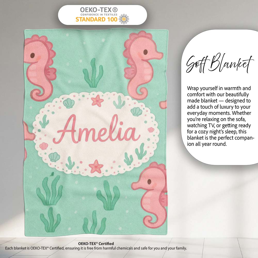 Cute Seahorse Ocean Cartoon Animal Pattern Stylish Everyday Personalised Custom Name Super Soft Fleece Blanket Bed Sofa Throw