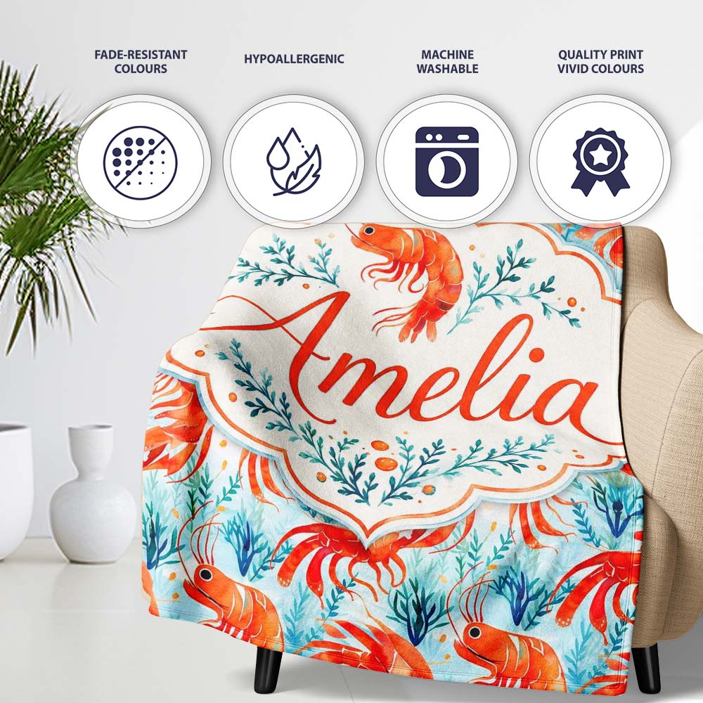 Cute LShrimp with Seaweed Botanical Design Seamless Pattern Lovely Personalised Custom Name Super Soft Fleece Blanket Bed Sofa Throw