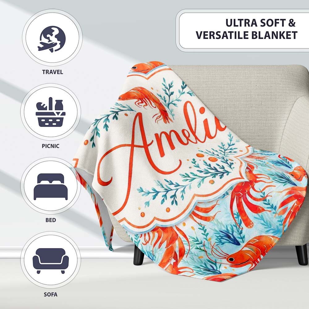 Cute LShrimp with Seaweed Botanical Design Seamless Pattern Lovely Personalised Custom Name Super Soft Fleece Blanket Bed Sofa Throw