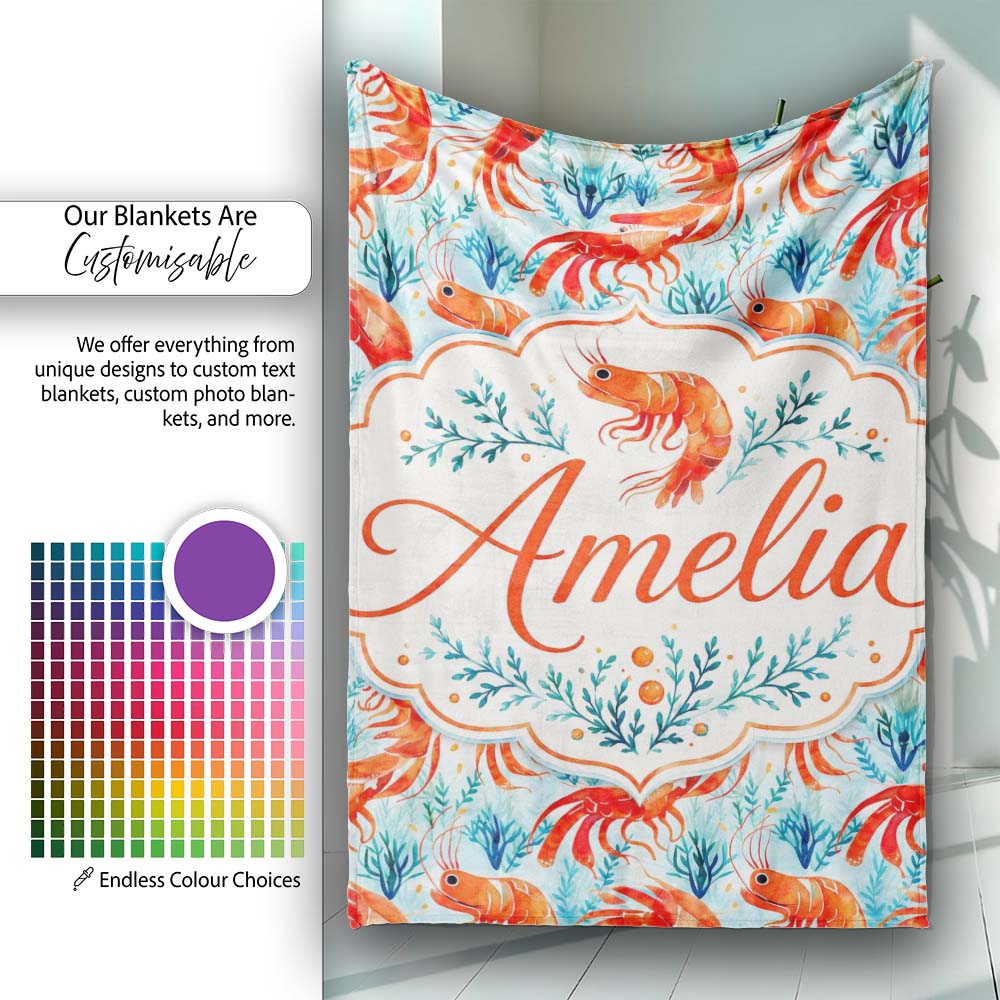 Cute LShrimp with Seaweed Botanical Design Seamless Pattern Lovely Personalised Custom Name Super Soft Fleece Blanket Bed Sofa Throw