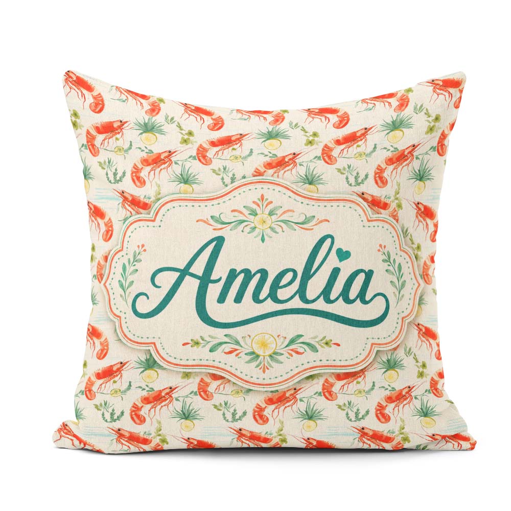 Custom Name Fresh Seafood Shrimp with Herbs and Seamless Pattern Square Filled Cushion Throw Pillow Sofa Bed Home Decor Zip Washable UK Made