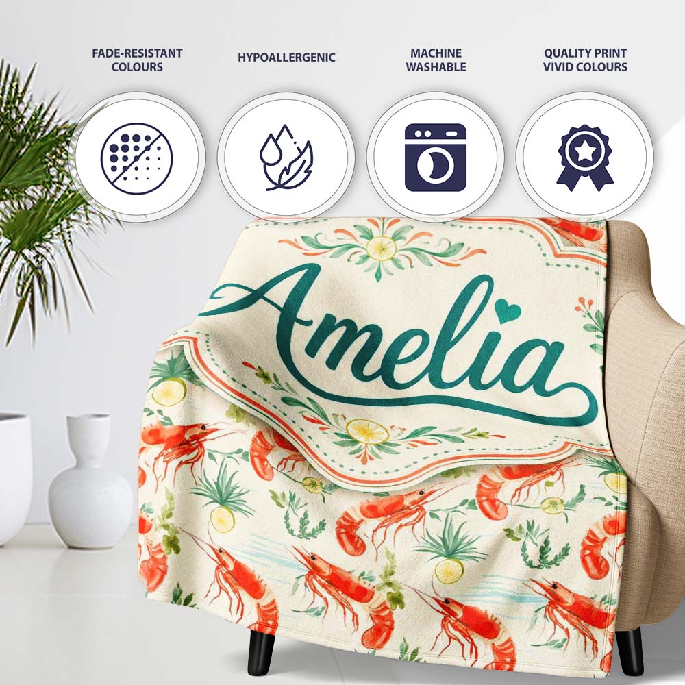 Cute Fresh Seafood Shrimp with Herbs and Citrus Seamless Pattern Personalised Custom Name Super Soft Fleece Blanket Bed Sofa Throw