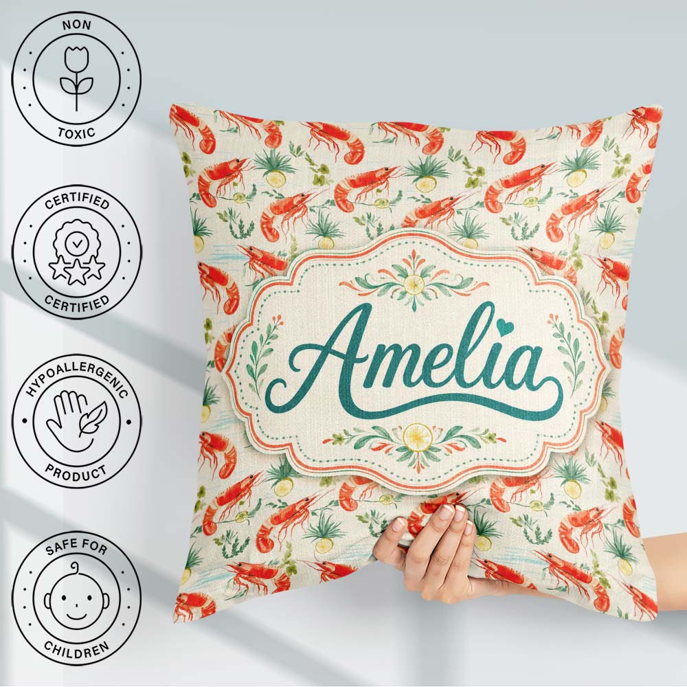 Custom Name Fresh Seafood Shrimp with Herbs and Seamless Pattern Square Filled Cushion Throw Pillow Sofa Bed Home Decor Zip Washable UK Made