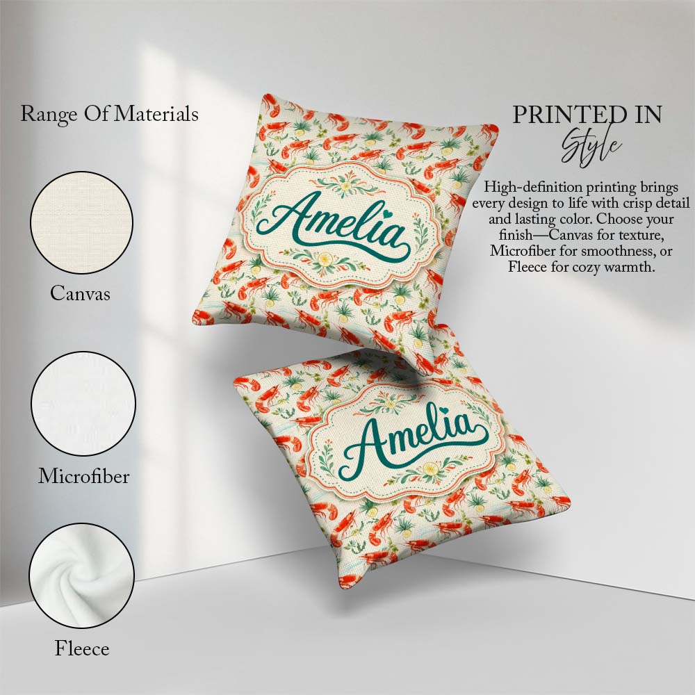 Custom Name Fresh Seafood Shrimp with Herbs and Seamless Pattern Square Filled Cushion Throw Pillow Sofa Bed Home Decor Zip Washable UK Made