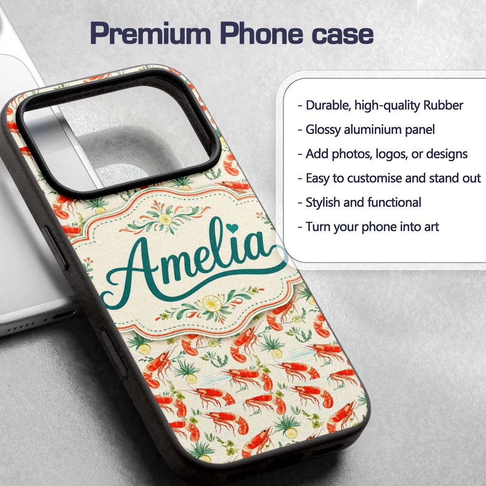 Cute Fresh Seafood Shrimp with Herbs and Citrus Custom Name Protective Phone Case Mobile Cover Durable Everyday Smartphone Shock Resistant