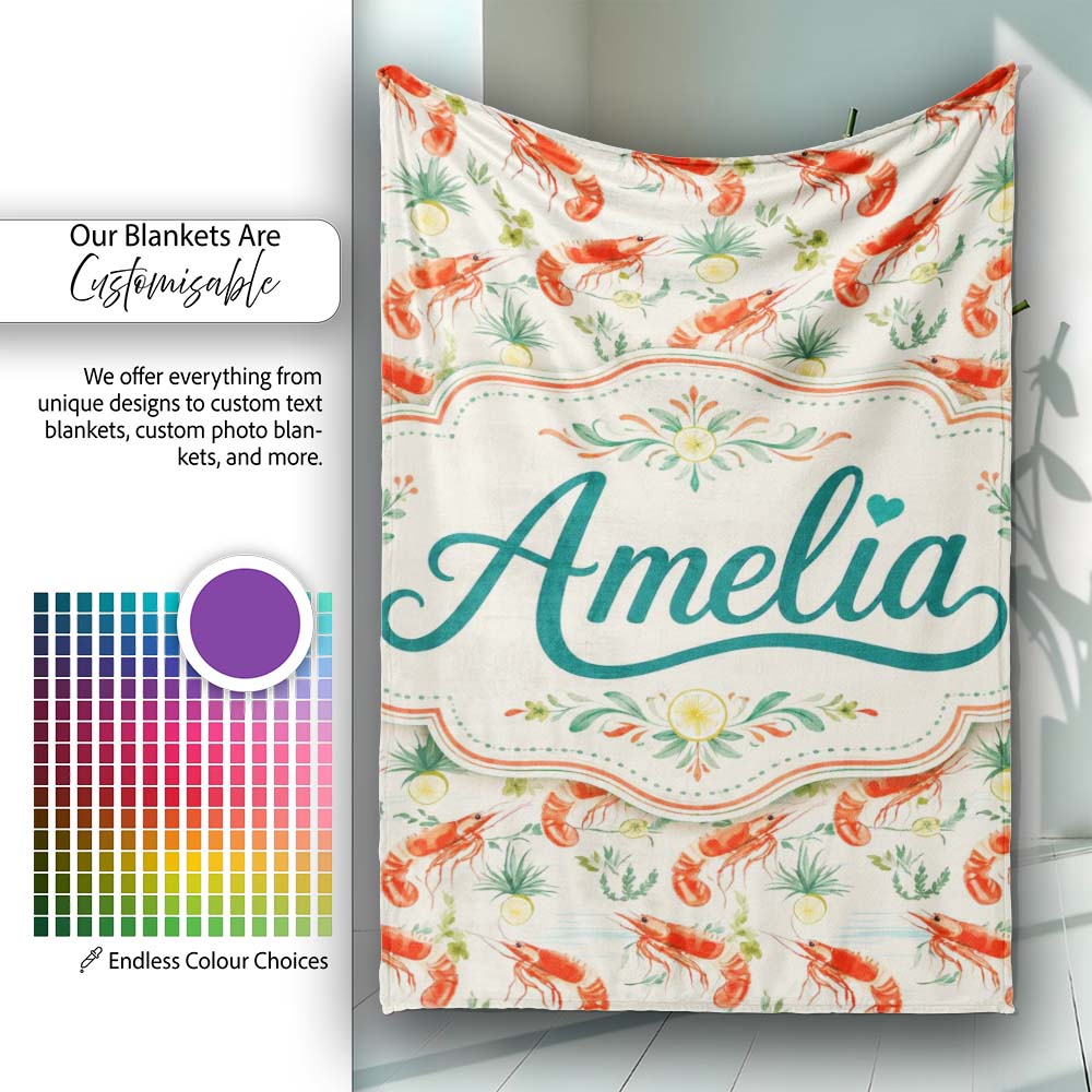 Cute Fresh Seafood Shrimp with Herbs and Citrus Seamless Pattern Personalised Custom Name Super Soft Fleece Blanket Bed Sofa Throw