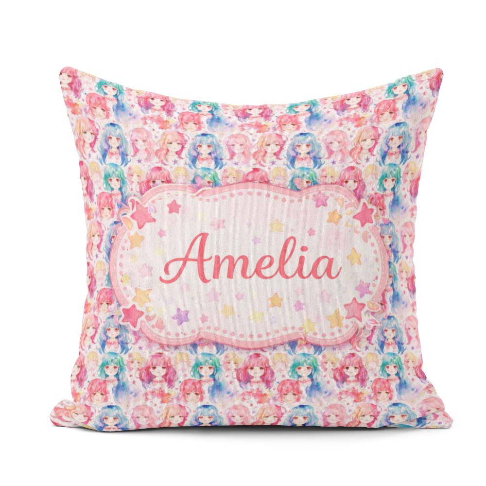 Custom Name Colourful Anime Pastel Star Pattern Kawaii Character Square Filled Cushion Throw Pillow Sofa Bed Home Decor Zip Washable UK Made