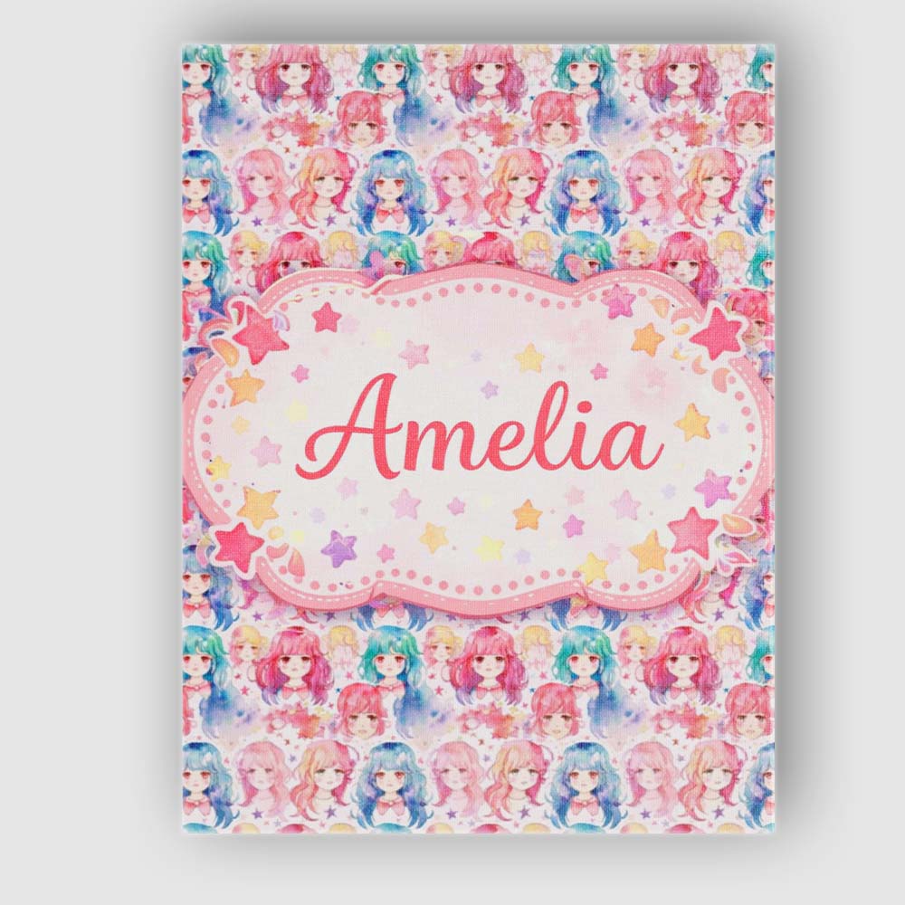 Personalised Name Colourful Anime Girls Pastel Star Pattern Kawaii Custom Unique Canvas Wall Art Print Decor Picture Ready to Hang