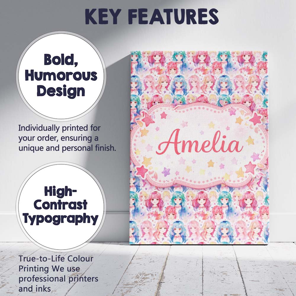 Personalised Name Colourful Anime Girls Pastel Star Pattern Kawaii Custom Unique Canvas Wall Art Print Decor Picture Ready to Hang