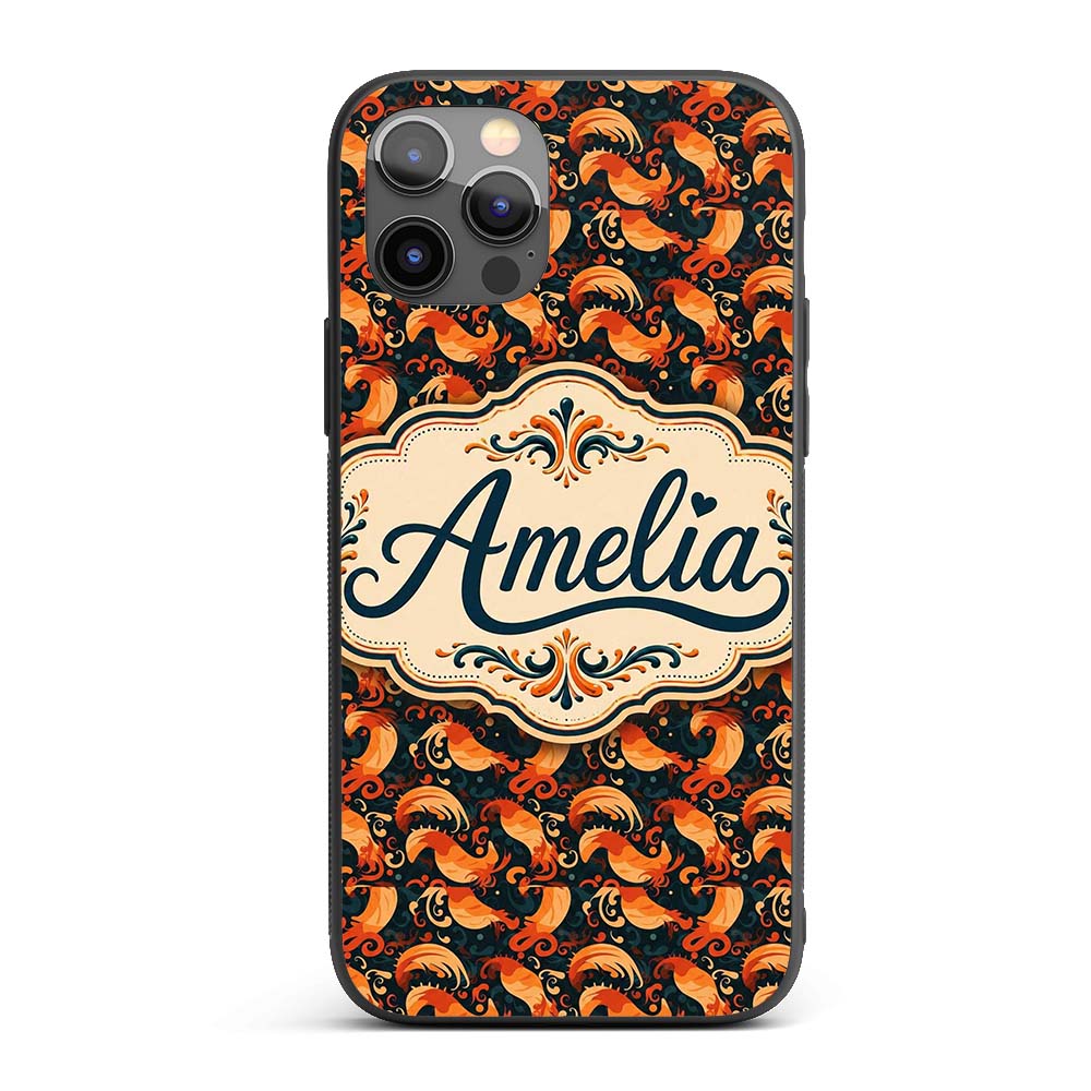 Ornate Orange Shrimp with Decorative Swirls Dark Custom Name Protective Phone Case Mobile Cover Durable Everyday Smartphone Shock Resistant