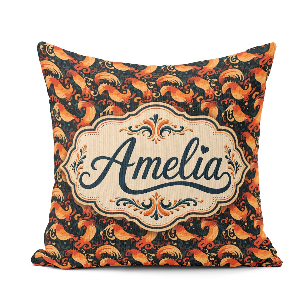 Custom Name Ornate Orange Shrimp with Decorative Swirls Seamless Square Filled Cushion Throw Pillow Sofa Bed Home Decor Zip Washable UK Made