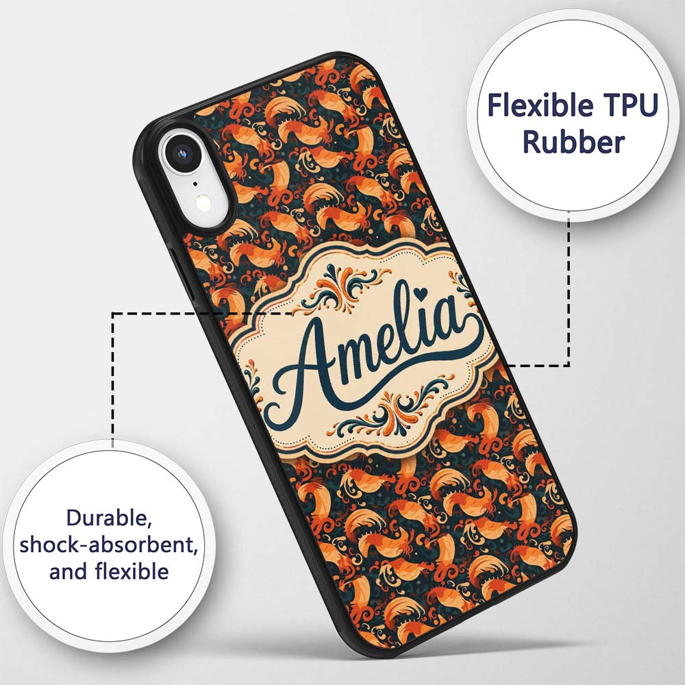 Ornate Orange Shrimp with Decorative Swirls Dark Custom Name Protective Phone Case Mobile Cover Durable Everyday Smartphone Shock Resistant