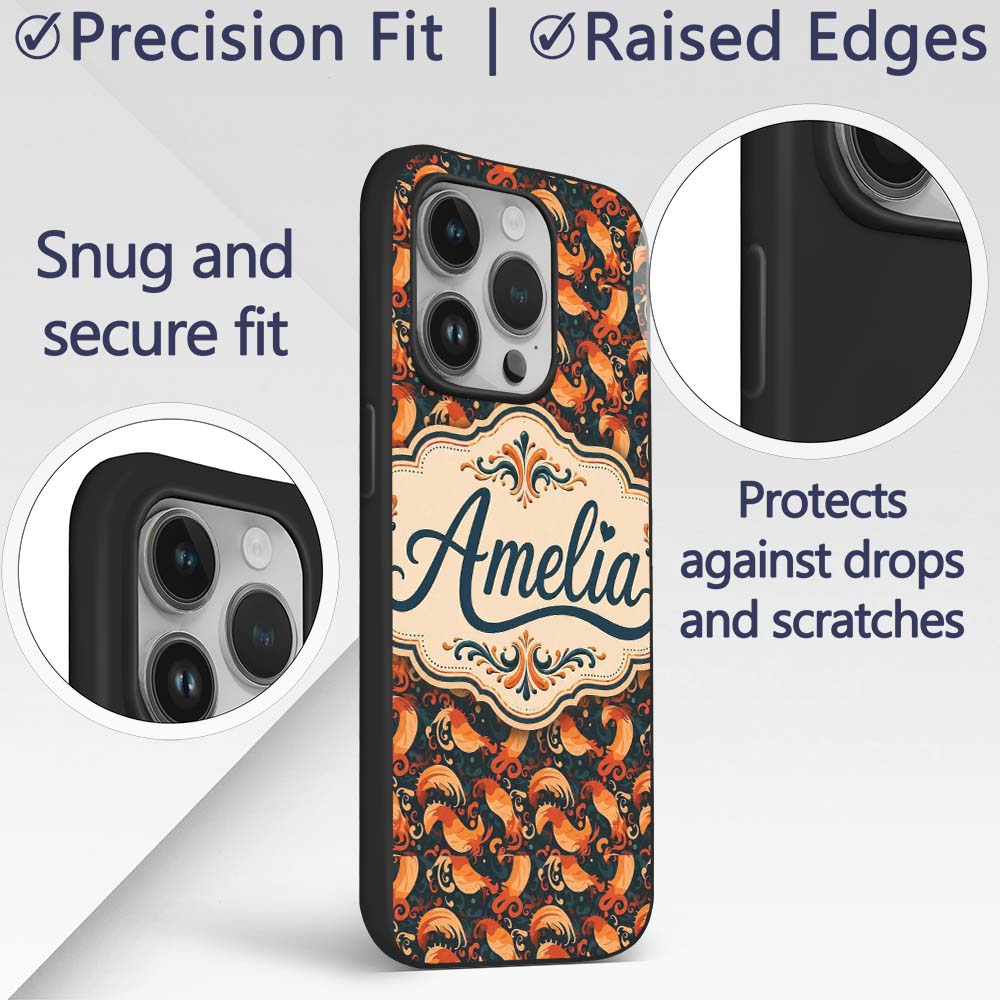 Ornate Orange Shrimp with Decorative Swirls Dark Custom Name Protective Phone Case Mobile Cover Durable Everyday Smartphone Shock Resistant