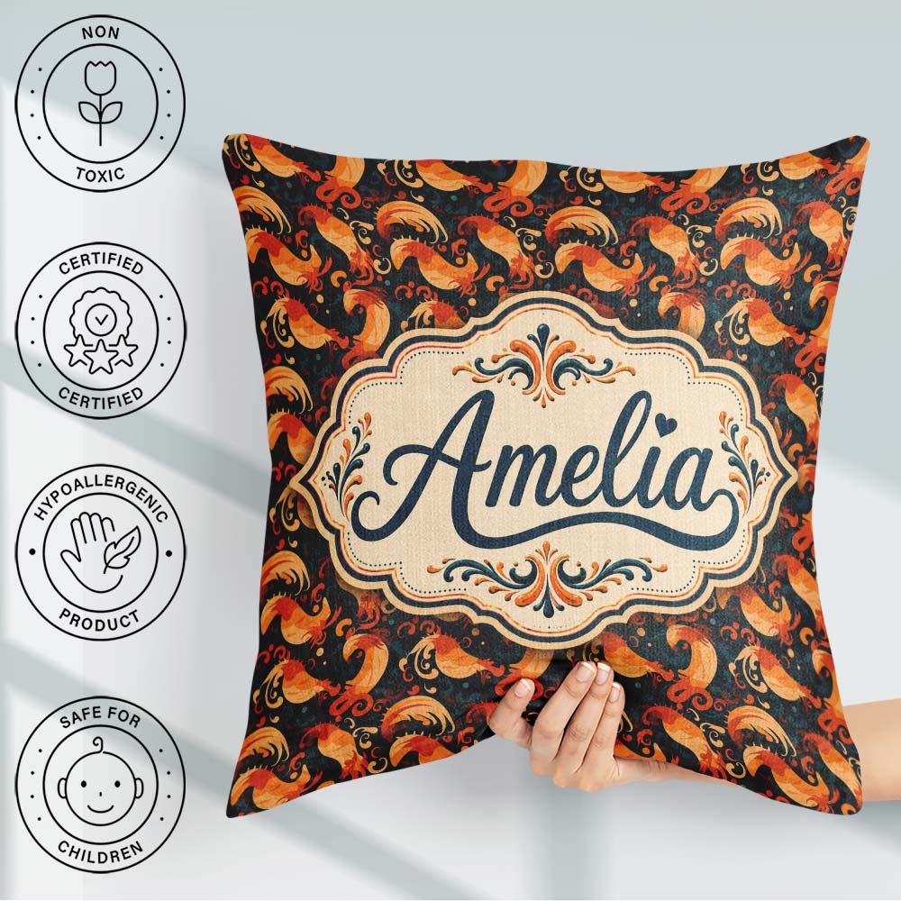 Custom Name Ornate Orange Shrimp with Decorative Swirls Seamless Square Filled Cushion Throw Pillow Sofa Bed Home Decor Zip Washable UK Made
