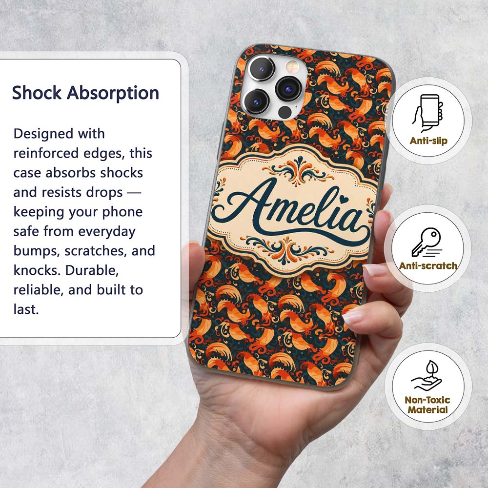 Ornate Orange Shrimp with Decorative Swirls Dark Custom Name Protective Phone Case Mobile Cover Durable Everyday Smartphone Shock Resistant