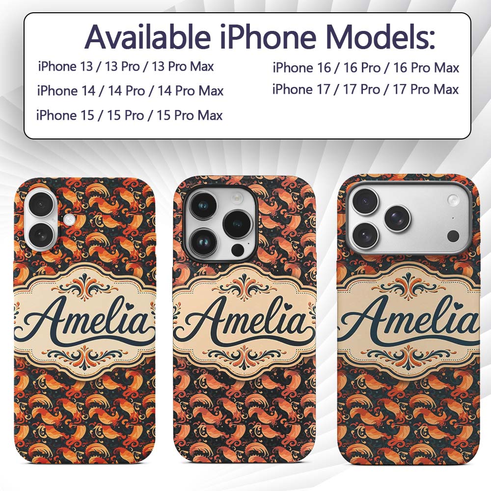 Ornate Orange Shrimp with Decorative Swirls Dark Custom Name Protective Phone Case Mobile Cover Durable Everyday Smartphone Shock Resistant