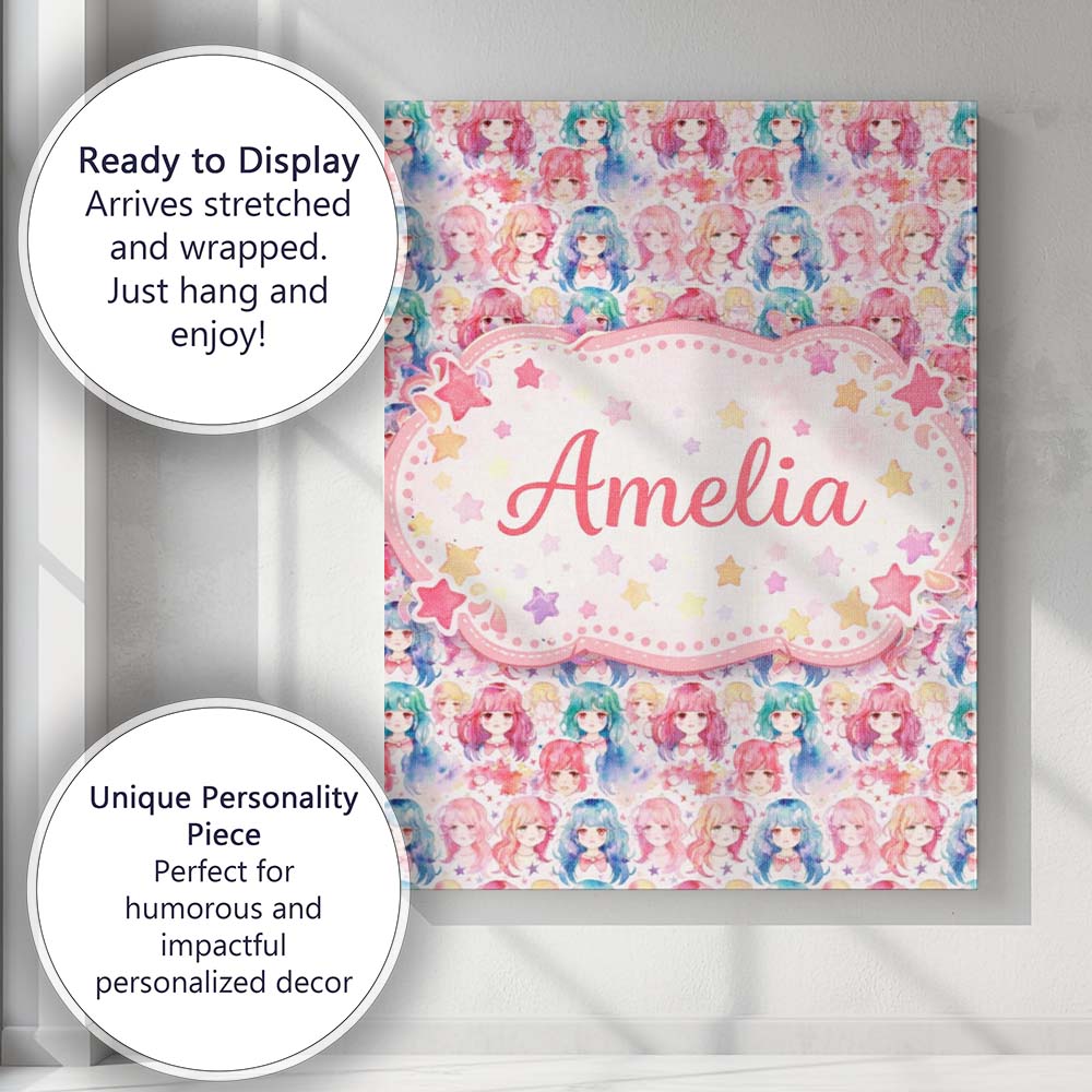 Personalised Name Colourful Anime Girls Pastel Star Pattern Kawaii Custom Unique Canvas Wall Art Print Decor Picture Ready to Hang