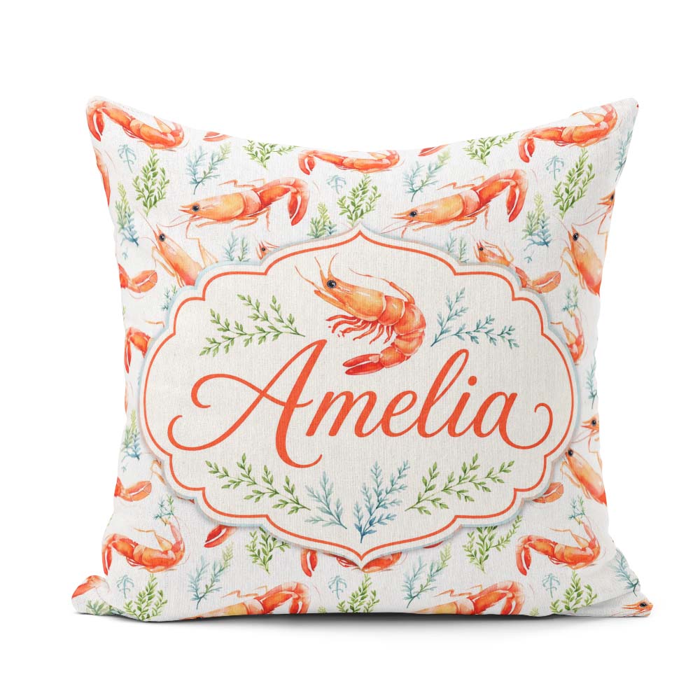 Custom Name Watercolour Prawn and Seaweed Coastal Pattern Lovely Square Filled Cushion Throw Pillow Sofa Bed Home Decor Zip Washable UK Made