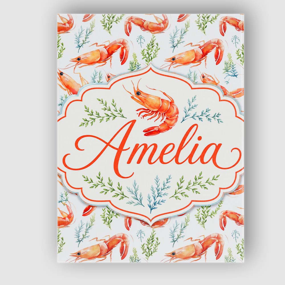 Personalised Name Watercolour Prawn and Custom Modern Room Accent Elegant Feature Canvas Wall Art Print Decor Picture Ready to Hang