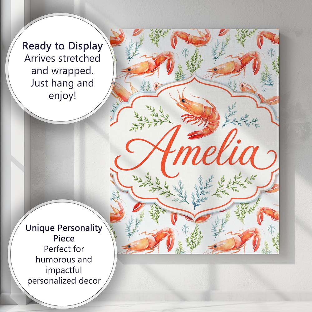 Personalised Name Watercolour Prawn and Custom Modern Room Accent Elegant Feature Canvas Wall Art Print Decor Picture Ready to Hang