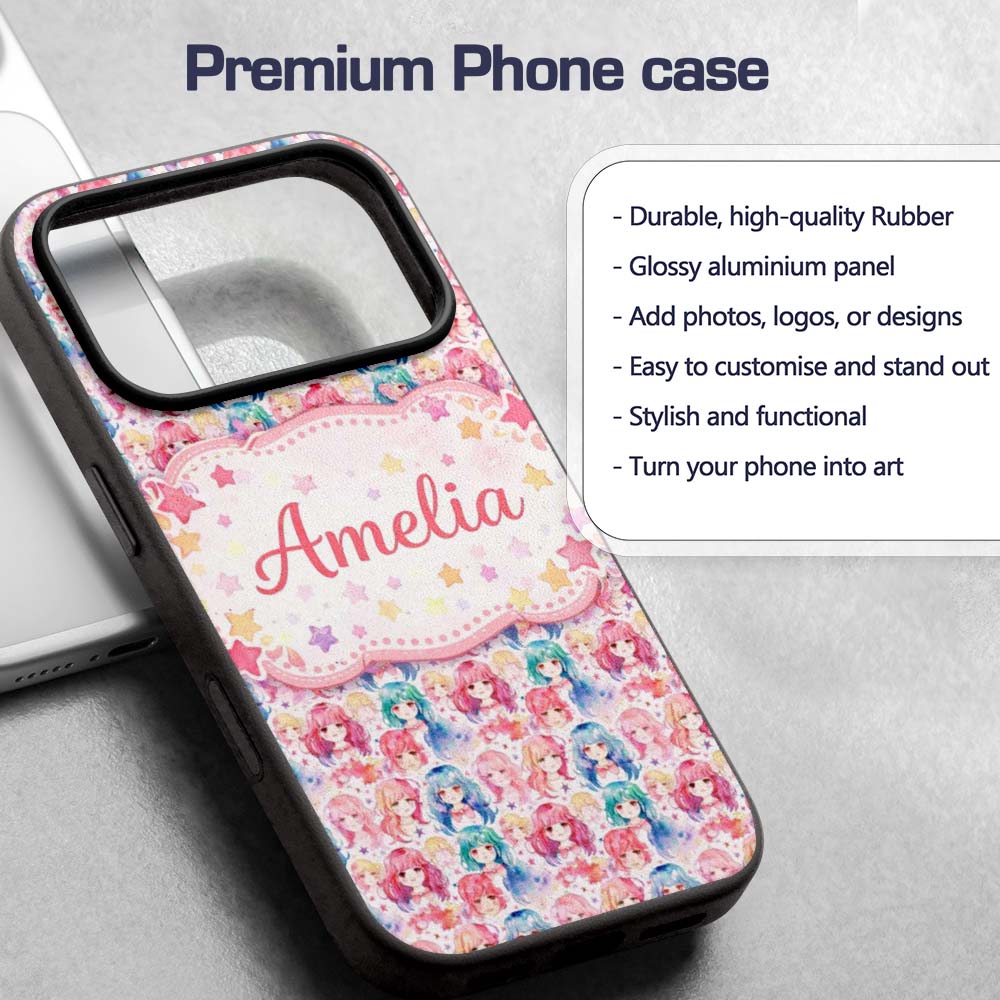 Colourful Anime Girls Pastel Star Pattern Kawaii Custom Name Protective Phone Case Mobile Cover Durable Everyday Smartphone Shock Resistant
