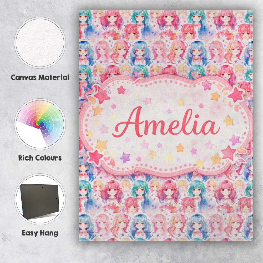 Personalised Name Colourful Anime Girls Pastel Star Pattern Kawaii Custom Unique Canvas Wall Art Print Decor Picture Ready to Hang